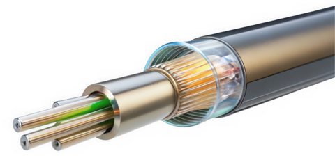 Close-up of a modern fiber optic cable showcasing its intricate internal structure, featuring multiple fibers and a sleek outer casing.