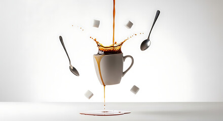 Coffee Splash Suspended Moment of Sugar, Spoons, and Caffeine Delight