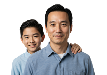 Family Portrait of Asian Father and Son Smiling Together in Front of Dark Background