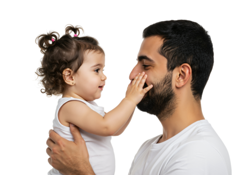 Father Holding Toddler Girl with Curly Hair Sharing a Joyful Moment in a Studio Setting