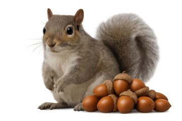 Obraz premium Gray squirrel perching near scattered acorns, displaying bushy tail and inquisitive expression against pristine white backdrop