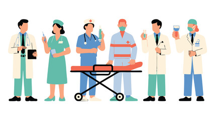 Illustrated Team of Doctors and Nurses with Equipment Including a Gurney and Test Tubes