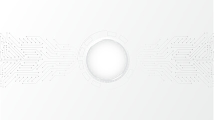 Grey white circuit board technology background. Circuit board hi technology grayscale. Circle empty space for your text
