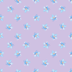 Seamless blue flower pattern background. Forget-me-not endless backdrop. Hand drawn floral watercolor repeating illustration for textile, wrapping, wallpaper, fabric, paper, cover, decor, fashion