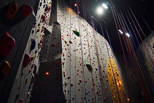 Vertical Rock Climbing Wall with Colorful Holds and Safety Ropes