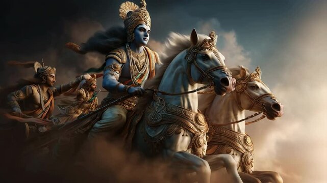 Photorealistic depiction of Krishna as a charioteer, guiding Arjuna in a dramatic moment from the Bhagavad Gita, evoking a sense of divine guidance and epic battle.