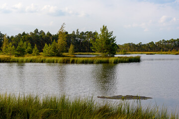 Expansive Selisoo bog system in Estonia at day's end. Numerous small islands with pines and bog vegetation dot calm water, catching sky's hues. Highlights the vast, unique beauty of this wetland.