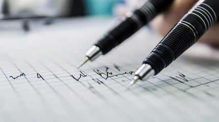Fototapeta premium Close-Up of Black Pens Writing on Graph Paper in Office Setting