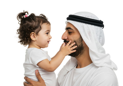 Father Holding Toddler Girl in Traditional Dress with Cultural Background - Powered by Adobe