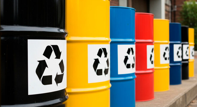 Recycling Barrels Lined Up Outdoors, Promoting Eco-consciousness 