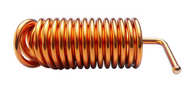 A close-up of a shiny copper coil, showcasing its intricate spirals and elegant curves, reflecting light with a warm metallic tone.