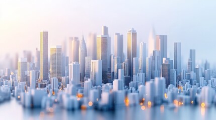 Fototapeta premium Digital Cityscape Horizon, Morning Light, Urban Skyline, Illustration, Stock Photo, Background, Architectural Design, Artistic Rendering