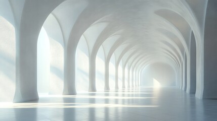 Empty white arched hallway, light streaming through windows.  Possible use architectural background