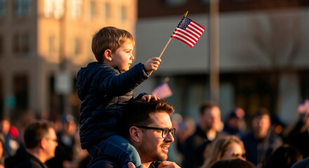 Boy on Father's Shoulders Waving the American Flag