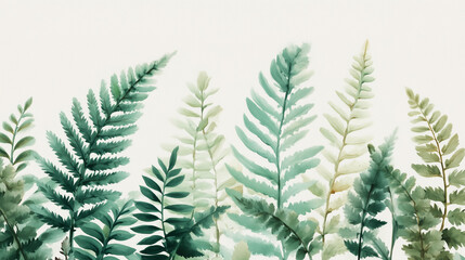 Delicate watercolor-style botanical print of fern leaves with soft green gradients and minimal background