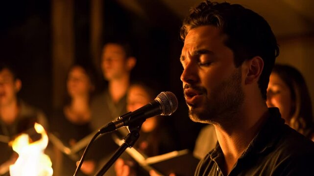 Man singing passionately into microphone at gathering celebrating friendship  