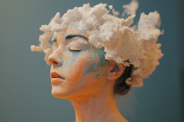 Creative Portrait of Woman with Cloud Head and Colorful Makeup