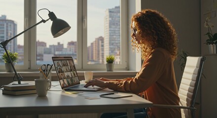 Woman with curly hair in a video conference on a laptop at a desk with a lamp and a city view