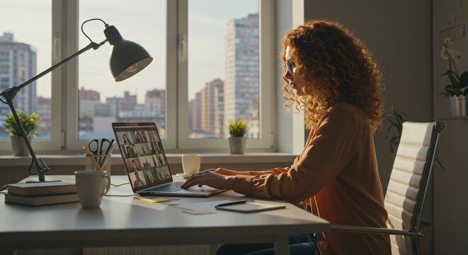 Woman with curly hair in a video conference on a laptop at a desk with a lamp and a city view - Powered by Adobe