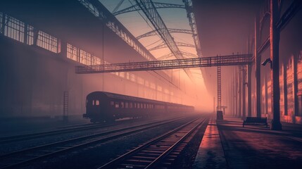 Fototapeta premium Abandoned Train Depot at Dawn, Industrial Tranquility