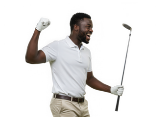 A joyful golfer celebrates a successful shot, isolated on transparent background