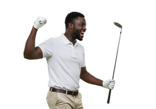 A joyful golfer celebrates a successful shot, isolated on transparent background