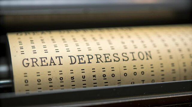 Great depression text printed vintage paper roll with punched holes using old printing machine creating nostalgic feeling of historical economic