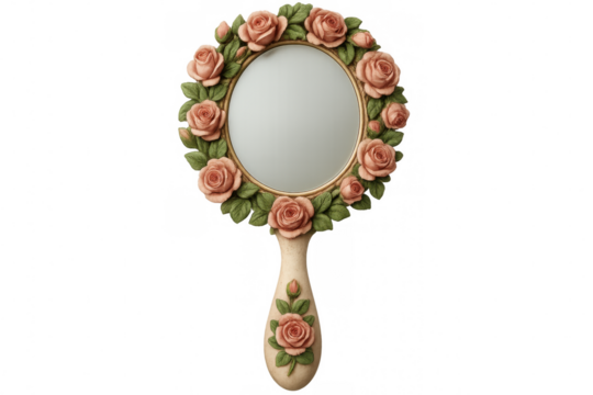 Vintage hand mirror featuring delicate pink roses and verdant leaves framing reflective surface, set against transparent backdrop