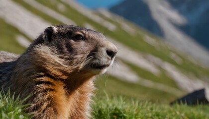 closeup of a alpine marmot in the mountains
