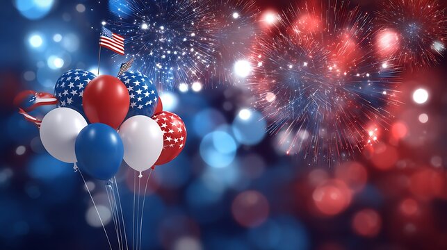 Patriotic Balloons with Fireworks Celebration Red, White, and Blue