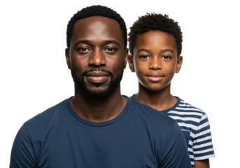 Portrait of a Black Man and Boy Together, Smiling with Confidence, Family Bonding in a Studio Setting