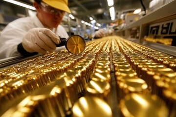 Worker Inspecting Rows of Gold Cans in a Modern Manufacturing Facility