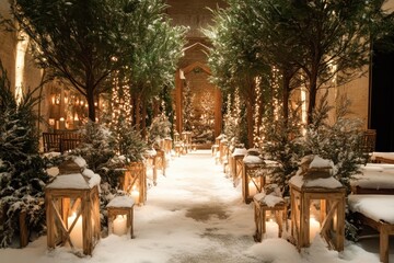 Winter Wonderland Pathway with Lights and Lanterns Surrounded by Trees
