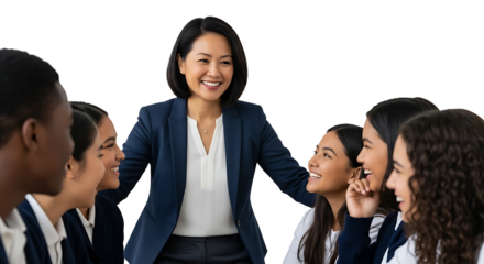 A businesswoman leading a team, radiating confidence and approachability. 