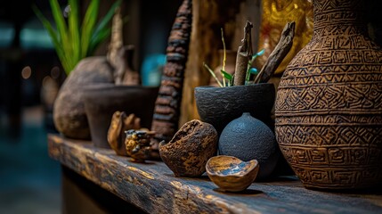 Artisan crafted pottery display cultural exhibition decorative objects indoor gallery close-up shot heritage preservation
