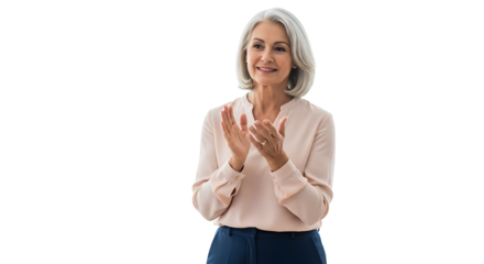 A senior woman in a meeting applauding. 