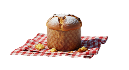 A delicious Panettone on a gingham cloth.
