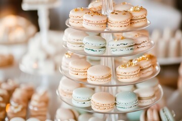 Elegant Display of Colorful Macarons on a Three-Tier Stand