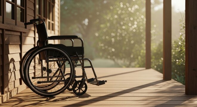 Empty Wheelchair on a Wooden Porch in Soft Sunlight.