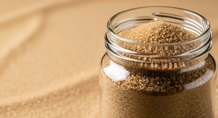Golden brown sugar is piled inside a clear glass mason jar, sitting on a sandy surface