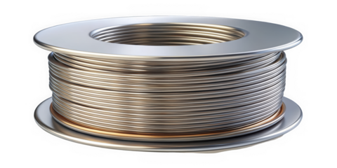 Close-up of a metallic spool of wire, showcasing shiny silver strands coiled neatly. The industrial design creates a sleek, modern aesthetic.