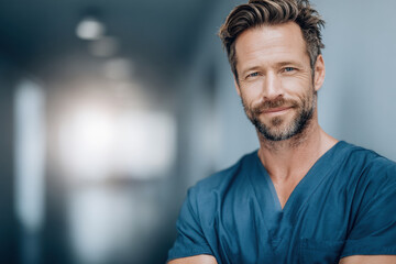 confident urologist portrait standing on left side of frame against clean ultrabright background