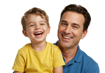 Smiling Child and Father Portrait with Joyful Expressions in Casual Wear