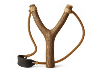 Classic wooden slingshot with leather thongs, isolated on transparent background, ready for launching projectiles