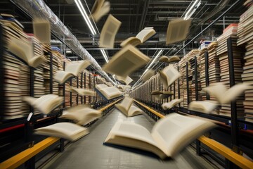 Flying Books in a Modern Library with Endless Shelves