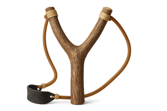 Classic wooden slingshot with leather thongs, isolated on transparent background, ready for launching projectiles