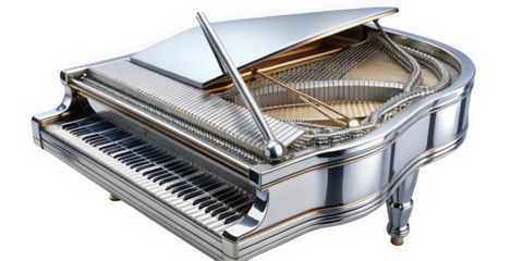 A stunning silver grand piano, showcasing intricate detailing and a polished finish, reflects elegance and sophistication, perfect for any musical setting.