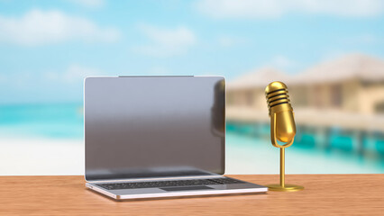 The Laptop and microphone for Pod cast or social media 3d render.