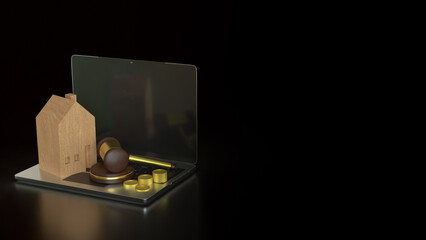 The House wood and Hammer for property law or Building concept 3d Rendering.