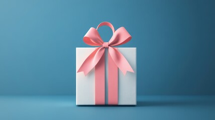 Gift Box with Pink Ribbon on Blue Background